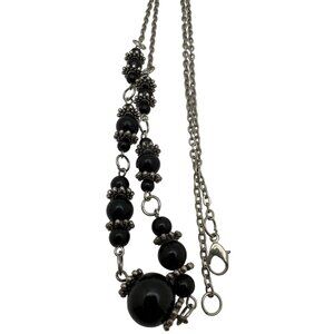 Y2k Boho Chic Black Bead Necklace Glass Silver Tone Chain Metal Accents Granny